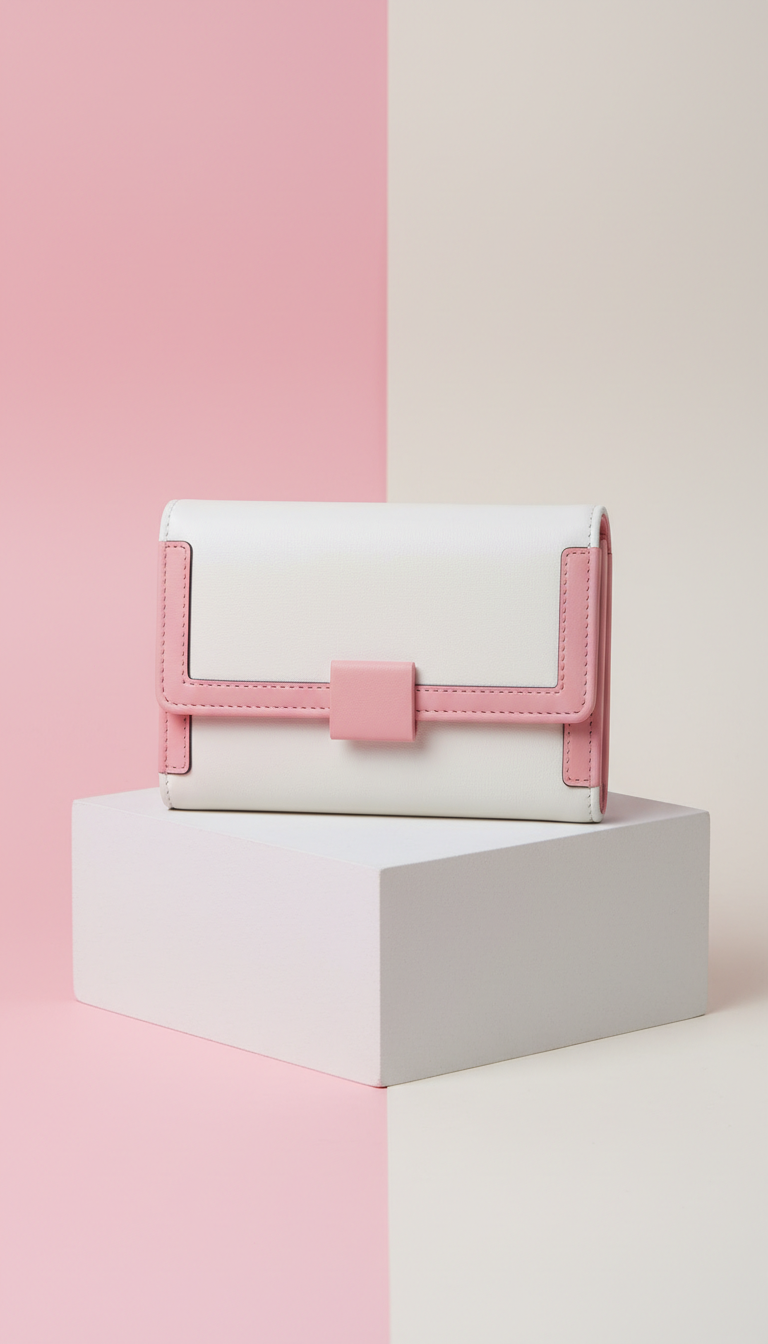 Baby pink-accented vegan leather wallet