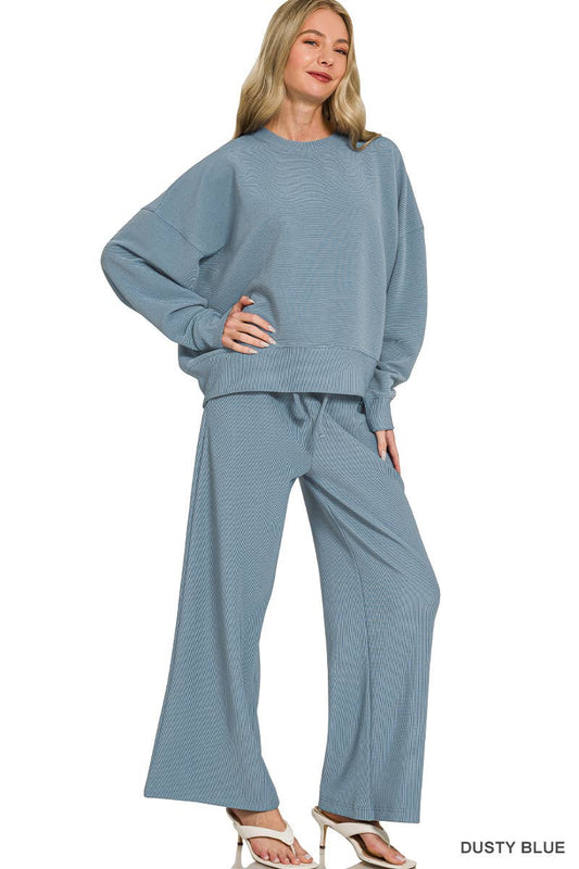 Ribbed Round Neck Pullover & Pants 2PC Set