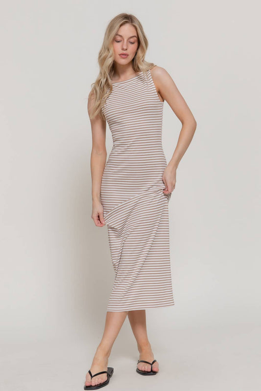 Sleeveless Boat Neck Stripe Midi Dress