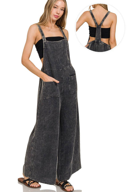 Washed Double Gauze Elastic Waist Wide Leg Overalls