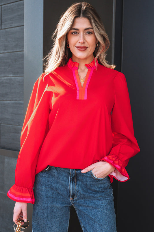Fiery Red Striped Trim Ruffle Split Neck Long Sleeve Blouse