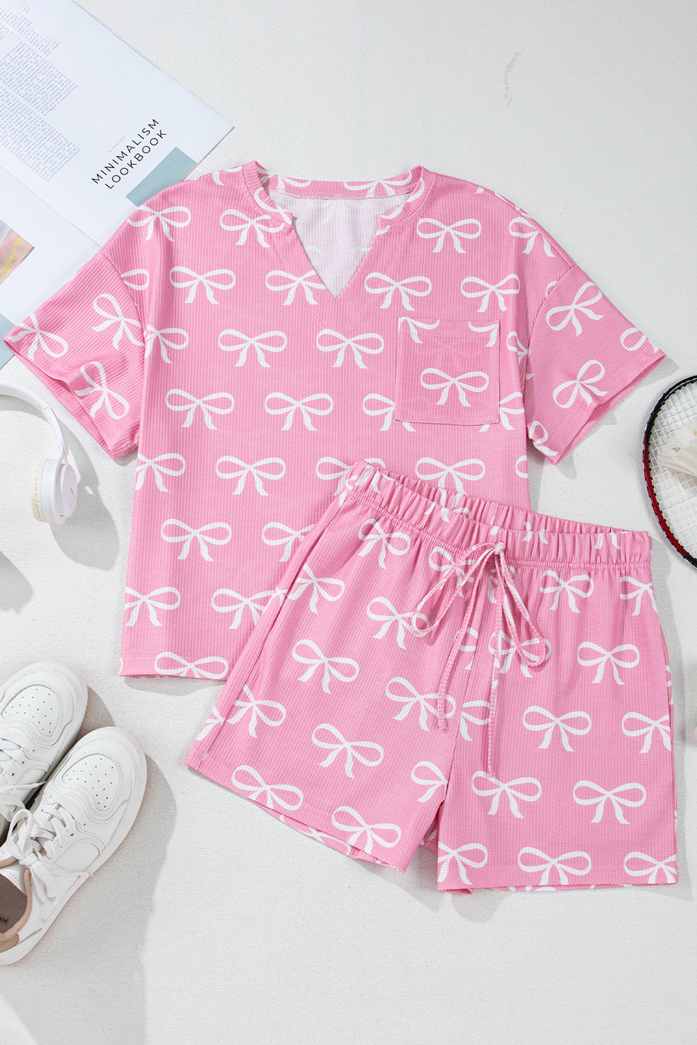 Pink Waffle Knit Bowknot Printed V Neck T Shirt and Shorts Set