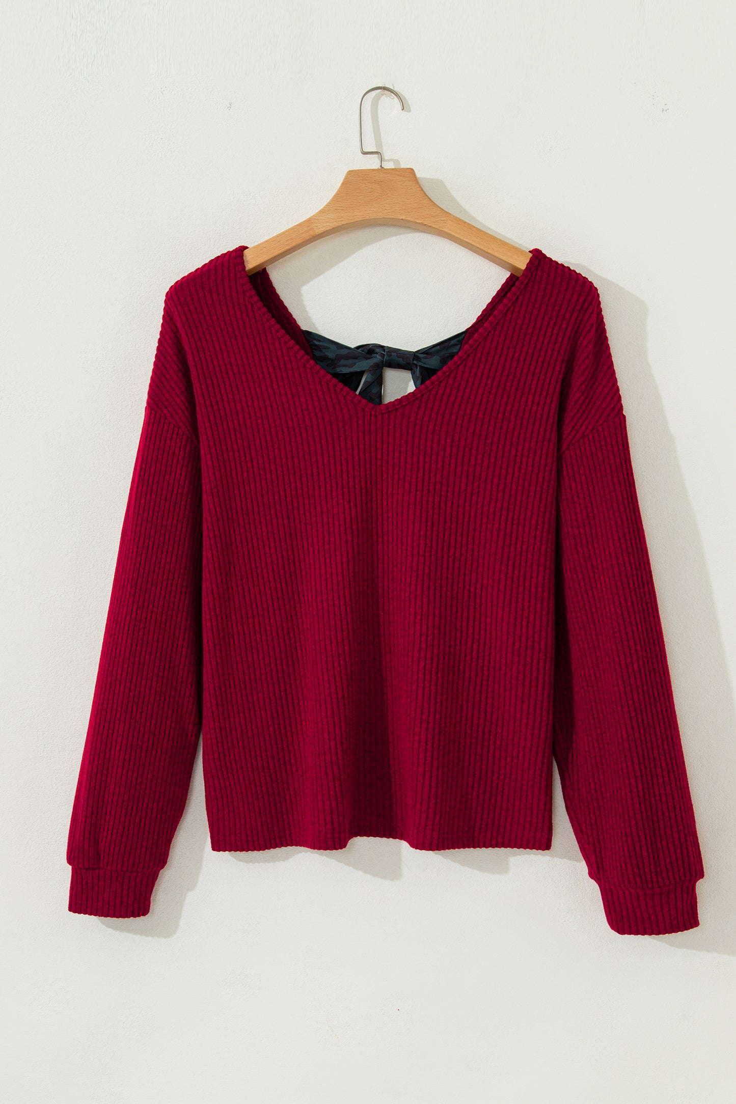 Racing Red Ribbed V Neck Contrast Ribbon Bow Back Drop Shoulder