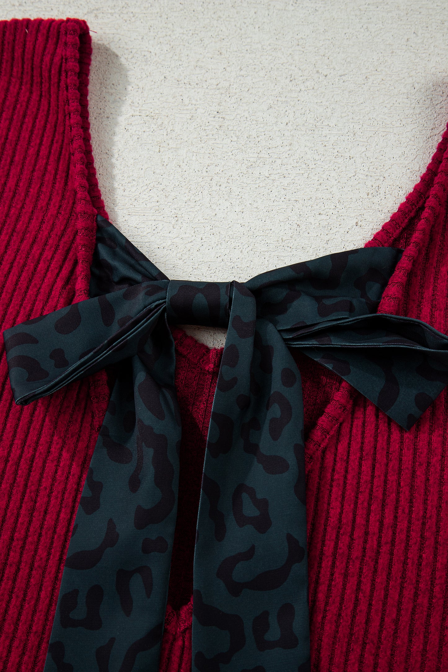 Racing Red Ribbed V Neck Contrast Ribbon Bow Back Drop Shoulder