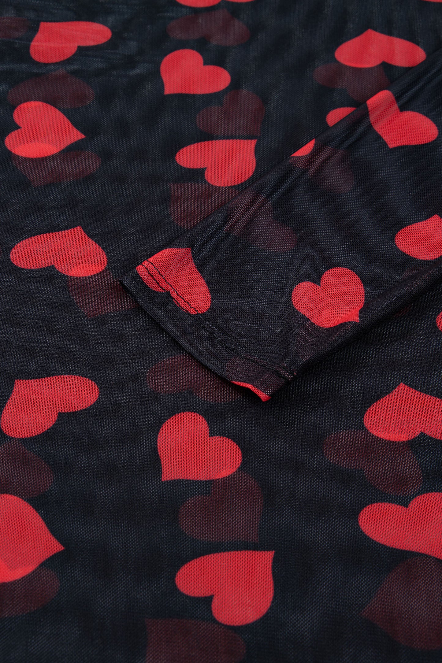 Black Valentines Heart Printed Sheer Mesh Long Sleeve Top