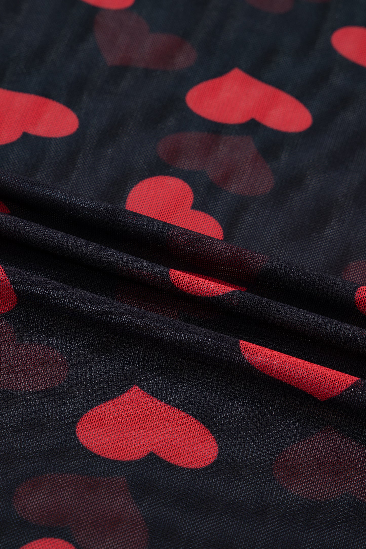 Black Valentines Heart Printed Sheer Mesh Long Sleeve Top