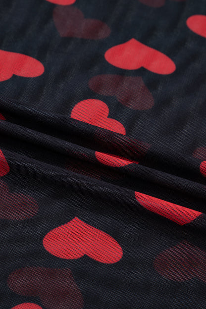 Black Valentines Heart Printed Sheer Mesh Long Sleeve Top