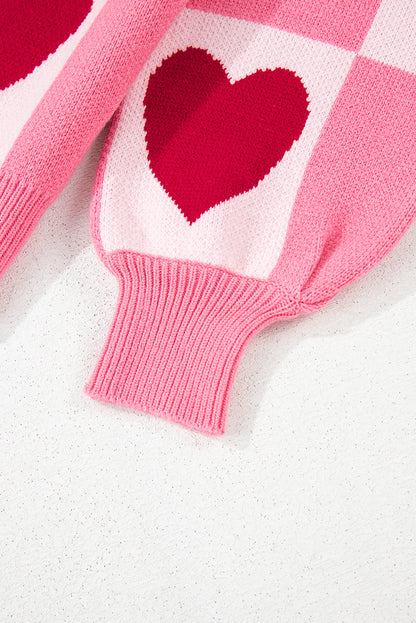 Pink Love Heart Checkered Valentine Crew Neck Sweater