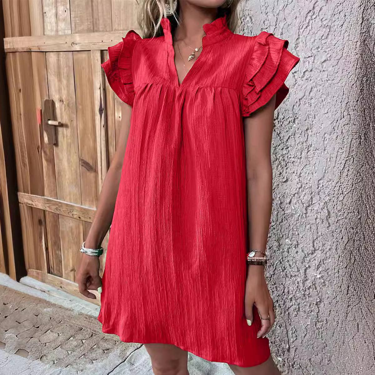 Multi-layer lotus sleeve V-neck long pullover dress