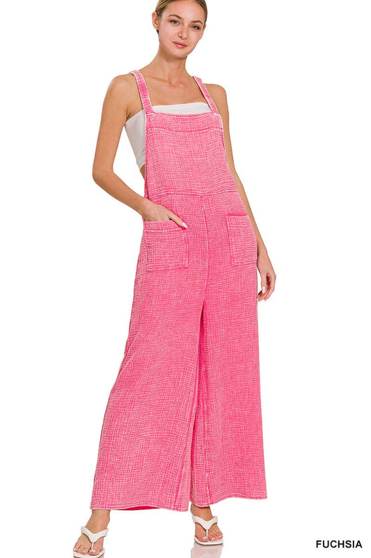 Washed Double Gauze Elastic Waist Wide Leg Overalls