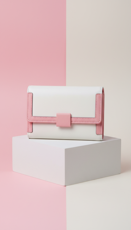 Baby pink-accented vegan leather wallet