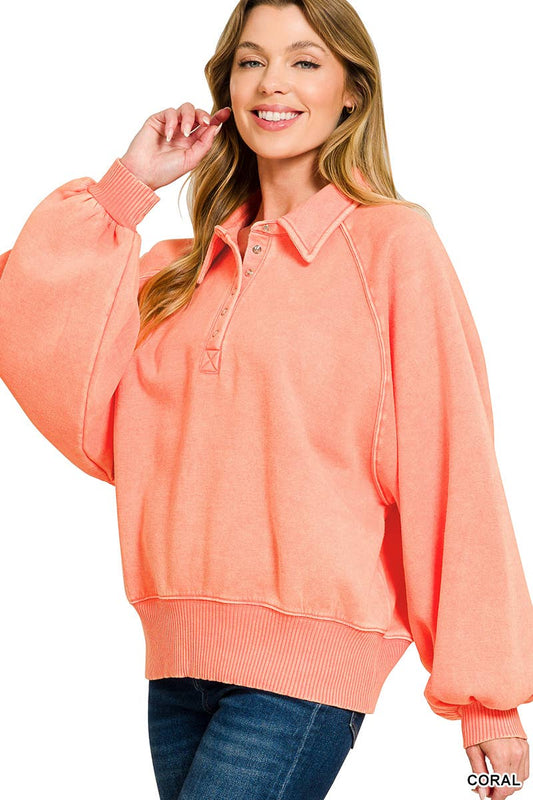 Washed Fleece Button Up Collared Pullover